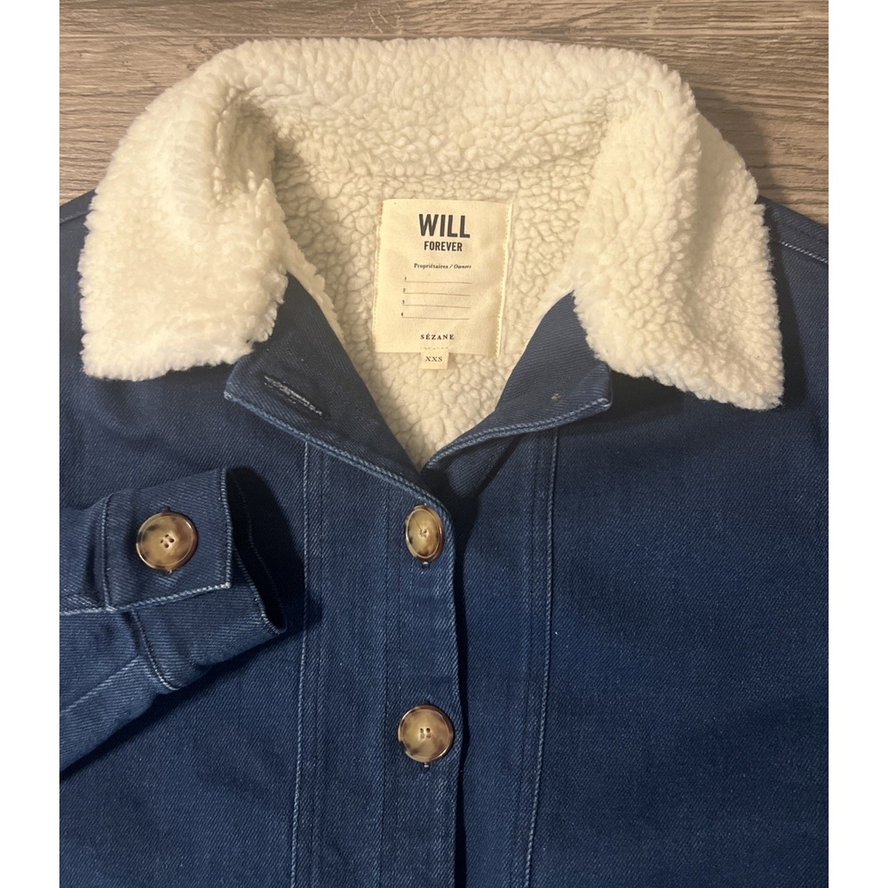 Sezane Will Forever Jacket Blue Sherpa Lined Denim Chore Coat Women's Size XXS